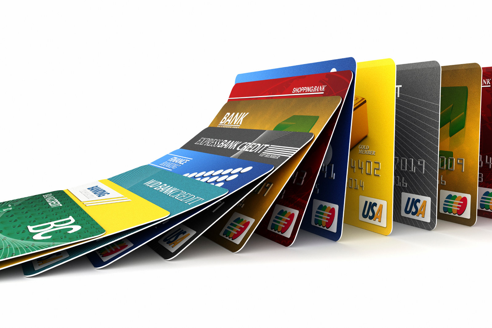 Credit cards in a row falling – credit card debt concept
